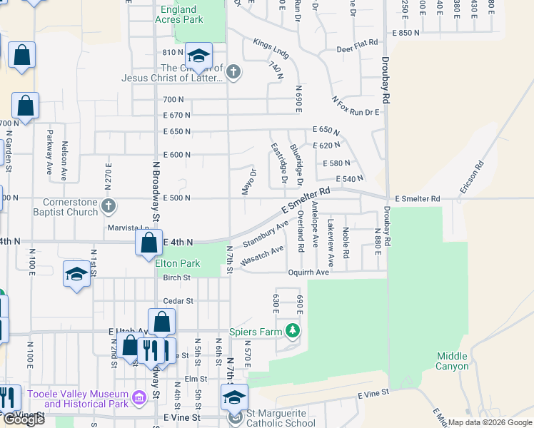 map of restaurants, bars, coffee shops, grocery stores, and more near 632 East 500 North in Tooele