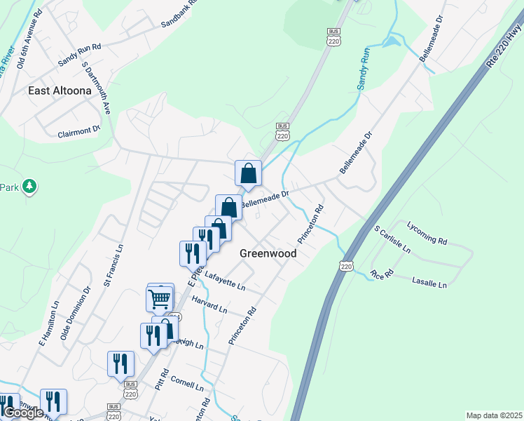map of restaurants, bars, coffee shops, grocery stores, and more near 1671 Bellemeade Drive in Altoona