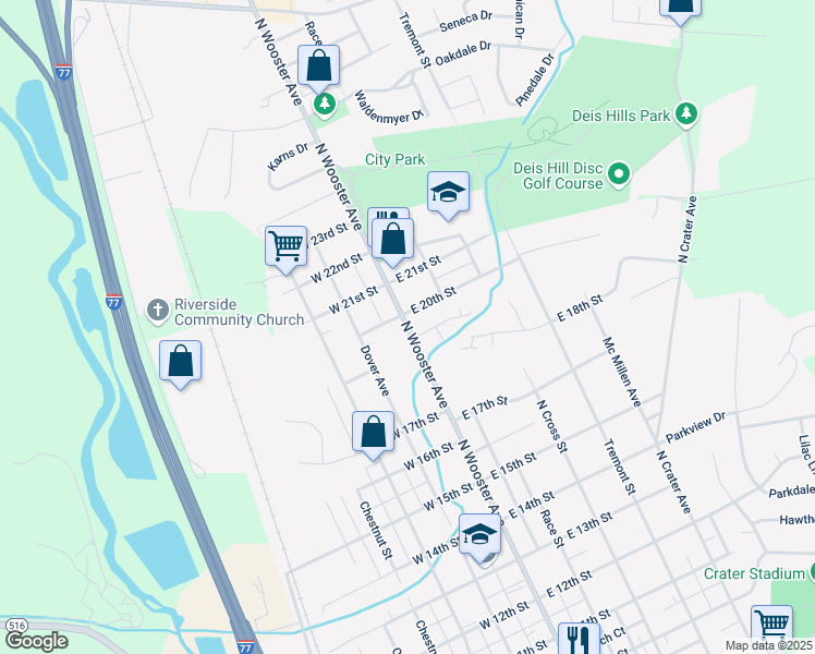 map of restaurants, bars, coffee shops, grocery stores, and more near North Wooster Avenue in Tuscarawas County