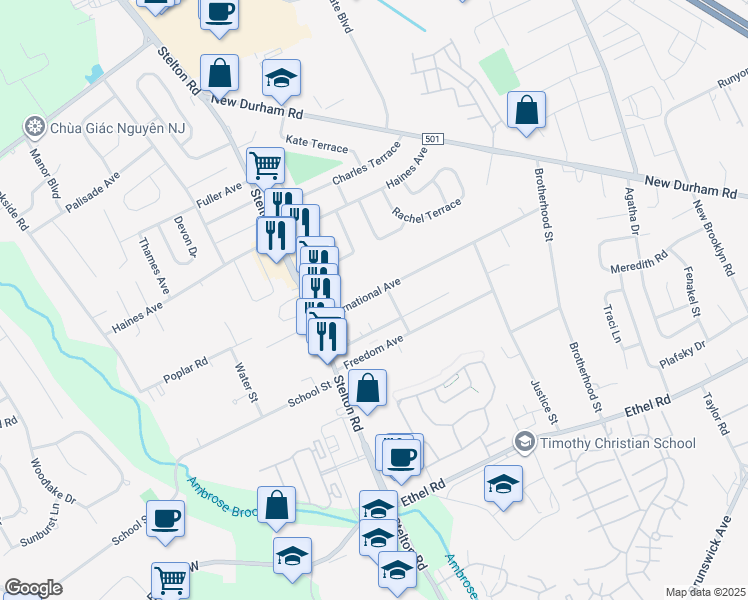 map of restaurants, bars, coffee shops, grocery stores, and more near 73 International Avenue in Piscataway