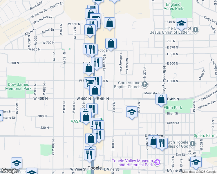 map of restaurants, bars, coffee shops, grocery stores, and more near 78 East 500 North in Tooele