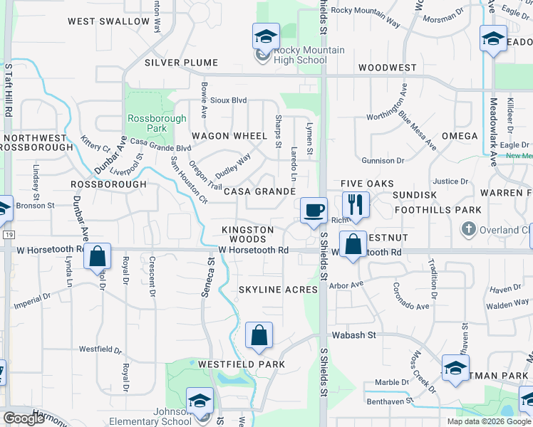 map of restaurants, bars, coffee shops, grocery stores, and more near 3424 Laredo Lane in Fort Collins