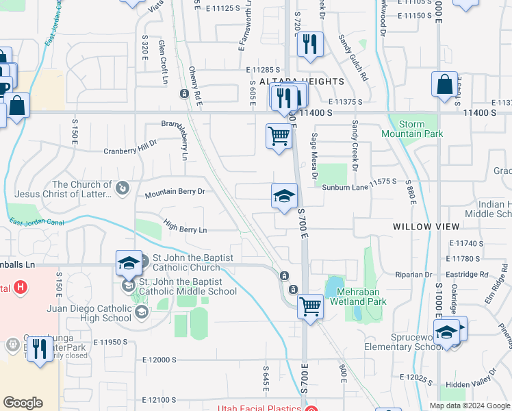 map of restaurants, bars, coffee shops, grocery stores, and more near 622 Wyngate Pointe Lane in Draper