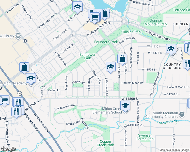 map of restaurants, bars, coffee shops, grocery stores, and more near 4681 Pale Moon Lane in South Jordan