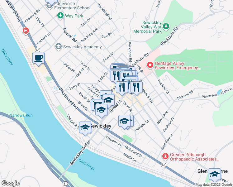 map of restaurants, bars, coffee shops, grocery stores, and more near 417 Walnut Street in Sewickley