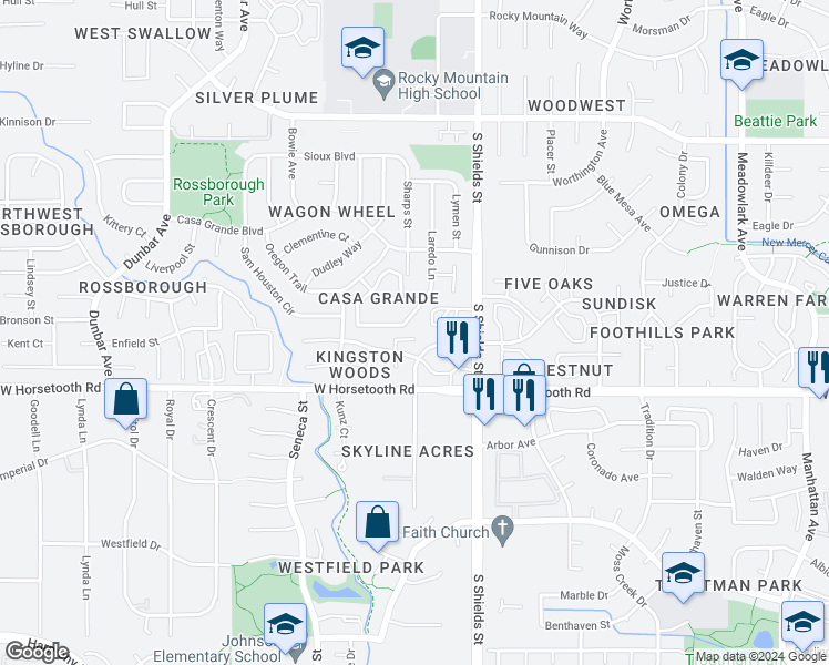 map of restaurants, bars, coffee shops, grocery stores, and more near 1206 Patterson Court in Fort Collins