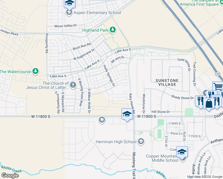 map of restaurants, bars, coffee shops, grocery stores, and more near 6192 Myers Lane in South Jordan