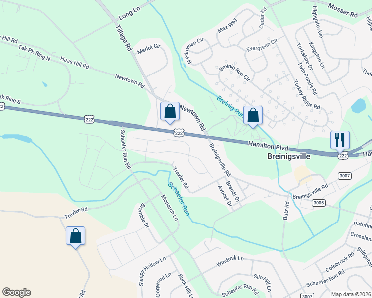 map of restaurants, bars, coffee shops, grocery stores, and more near 1028 Spring White Drive in Breinigsville