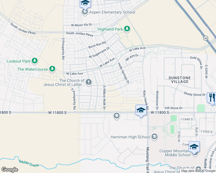 map of restaurants, bars, coffee shops, grocery stores, and more near 11602 South Willow Walk Drive in South Jordan