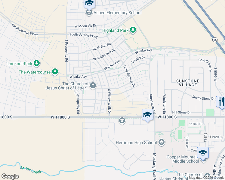 map of restaurants, bars, coffee shops, grocery stores, and more near 11602 South Willow Walk Drive in South Jordan