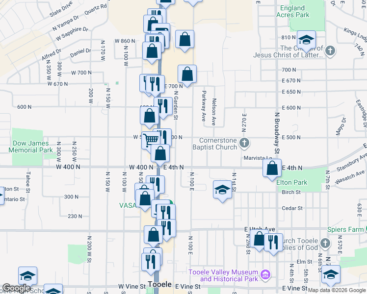 map of restaurants, bars, coffee shops, grocery stores, and more near 78 East 500 North in Tooele