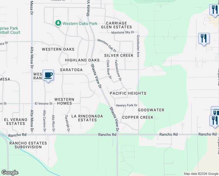 map of restaurants, bars, coffee shops, grocery stores, and more near 4541 Big Horn Drive in Redding