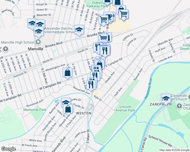 map of restaurants, bars, coffee shops, grocery stores, and more near 306 West Camplain Road in Manville