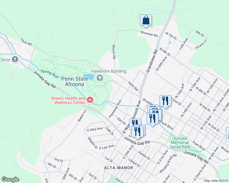 map of restaurants, bars, coffee shops, grocery stores, and more near 530 East Park Avenue in Altoona