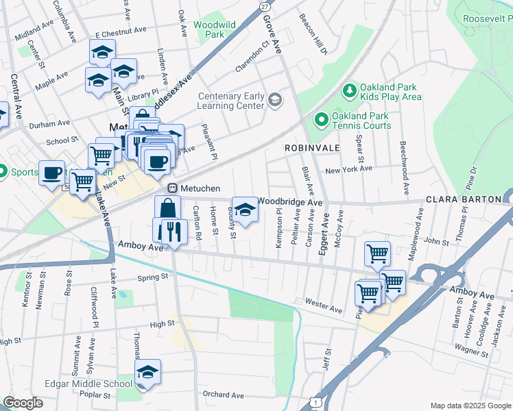 map of restaurants, bars, coffee shops, grocery stores, and more near 12 Homer Place in Metuchen