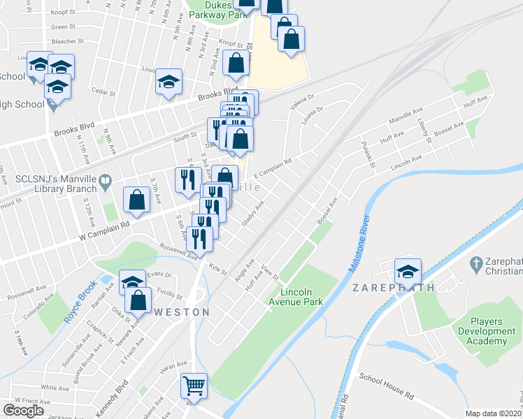 map of restaurants, bars, coffee shops, grocery stores, and more near 82 Gladys Avenue in Manville