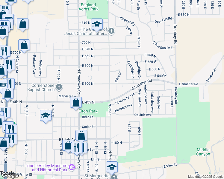map of restaurants, bars, coffee shops, grocery stores, and more near 472 North 7th Street in Tooele