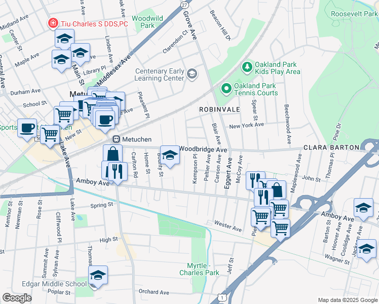 map of restaurants, bars, coffee shops, grocery stores, and more near 195 Woodbridge Avenue in Metuchen