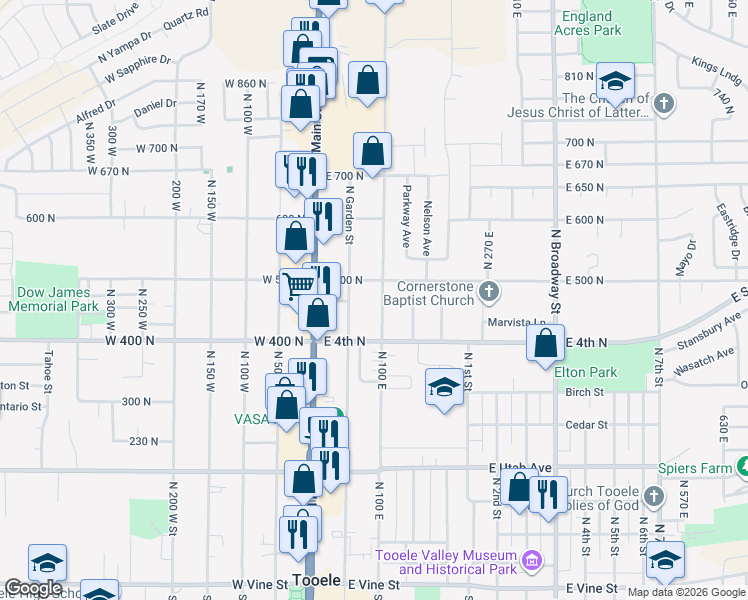 map of restaurants, bars, coffee shops, grocery stores, and more near 465 North 100 East in Tooele
