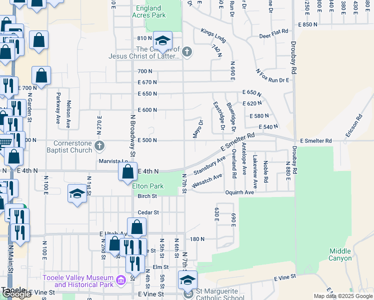 map of restaurants, bars, coffee shops, grocery stores, and more near 472 North 7th Street in Tooele