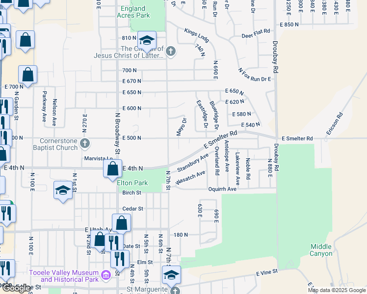 map of restaurants, bars, coffee shops, grocery stores, and more near 574 East 500 North in Tooele