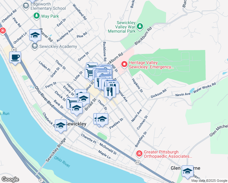 map of restaurants, bars, coffee shops, grocery stores, and more near 518 Broad Street in Sewickley