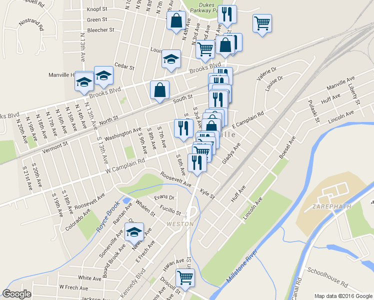 map of restaurants, bars, coffee shops, grocery stores, and more near 210 South 5th Avenue in Manville