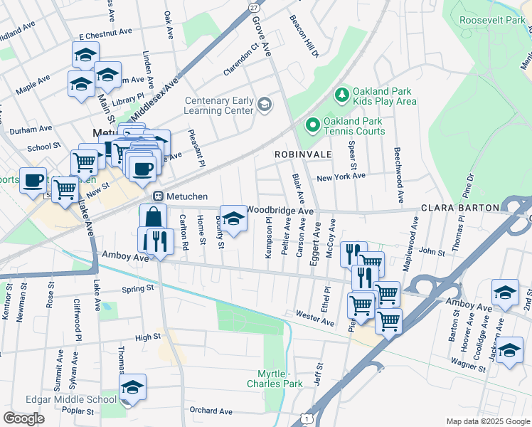 map of restaurants, bars, coffee shops, grocery stores, and more near 43 Kempson Place in Metuchen