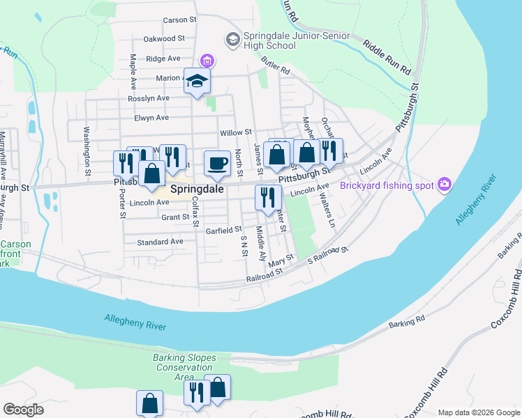 map of restaurants, bars, coffee shops, grocery stores, and more near 742 Lincoln Avenue in Springdale