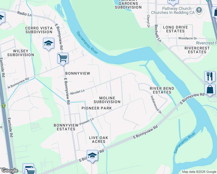 map of restaurants, bars, coffee shops, grocery stores, and more near 3366-3380 Nicolet Lane in Redding