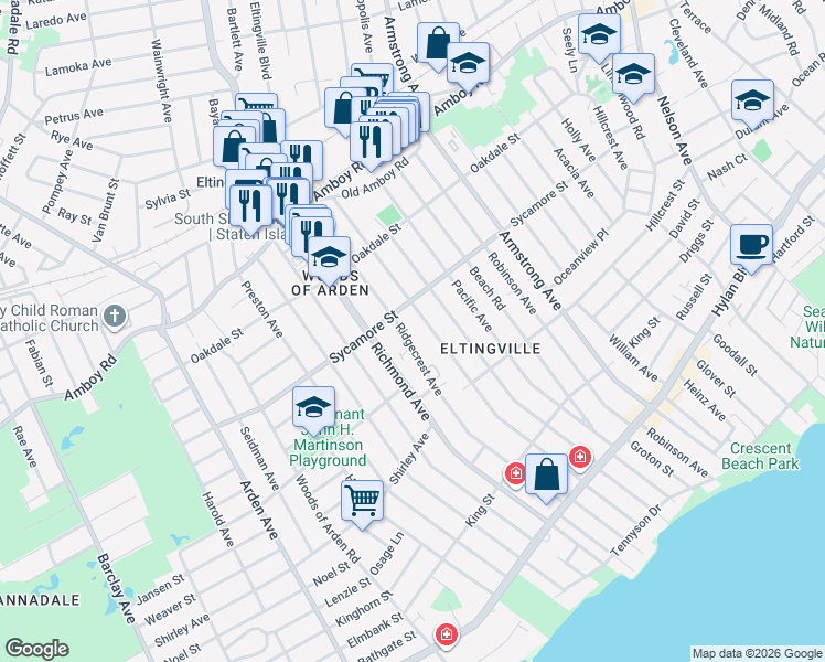 map of restaurants, bars, coffee shops, grocery stores, and more near 281 Sycamore Street in Staten Island