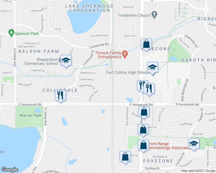 map of restaurants, bars, coffee shops, grocery stores, and more near 3418 Carlton Avenue in Fort Collins