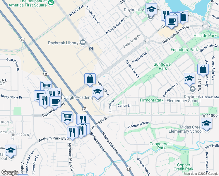 map of restaurants, bars, coffee shops, grocery stores, and more near 11628 Alexandria Drive in South Jordan