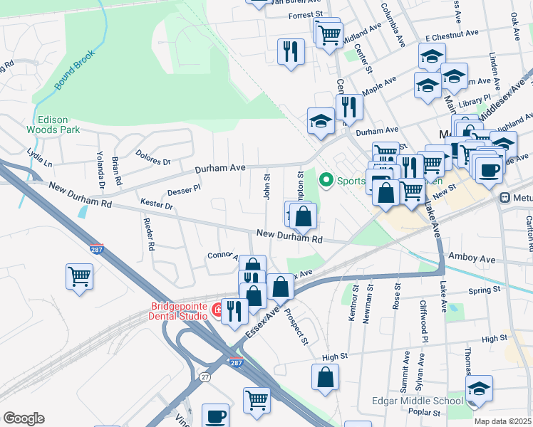 map of restaurants, bars, coffee shops, grocery stores, and more near 50 John Street in Metuchen
