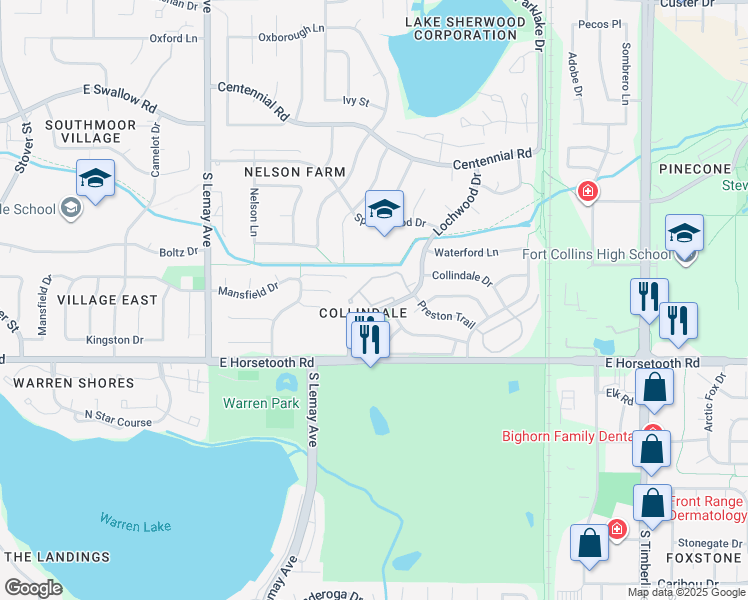 map of restaurants, bars, coffee shops, grocery stores, and more near 3465 Lochwood Drive in Fort Collins