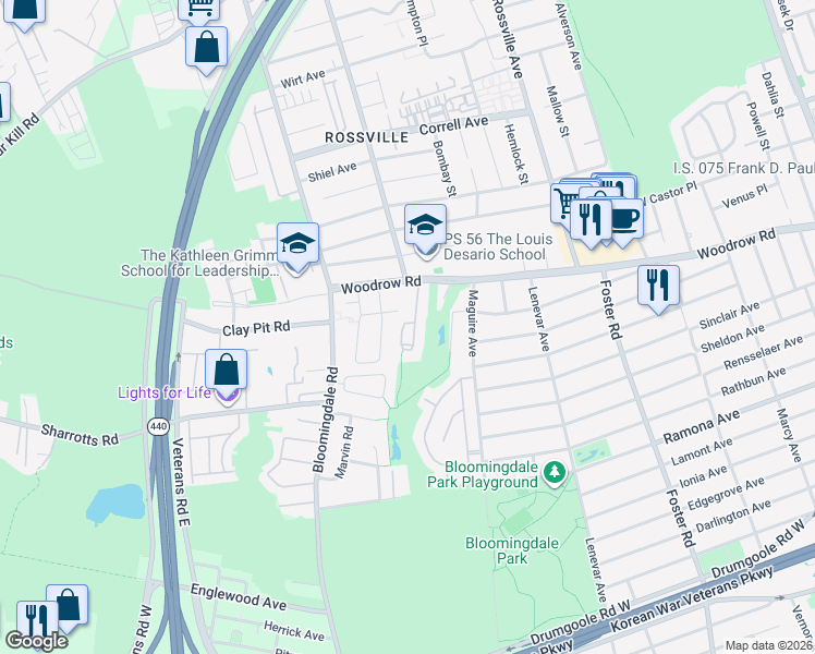 map of restaurants, bars, coffee shops, grocery stores, and more near 27 Brookside Loop in Staten Island