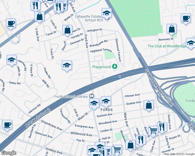 map of restaurants, bars, coffee shops, grocery stores, and more near 40 Jackson Court in Woodbridge Township