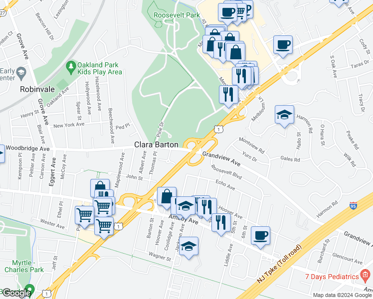 map of restaurants, bars, coffee shops, grocery stores, and more near 2 Garfield Park in Edison