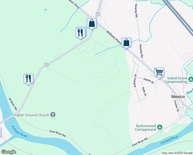 map of restaurants, bars, coffee shops, grocery stores, and more near 374 Deamer Lane in Mifflintown