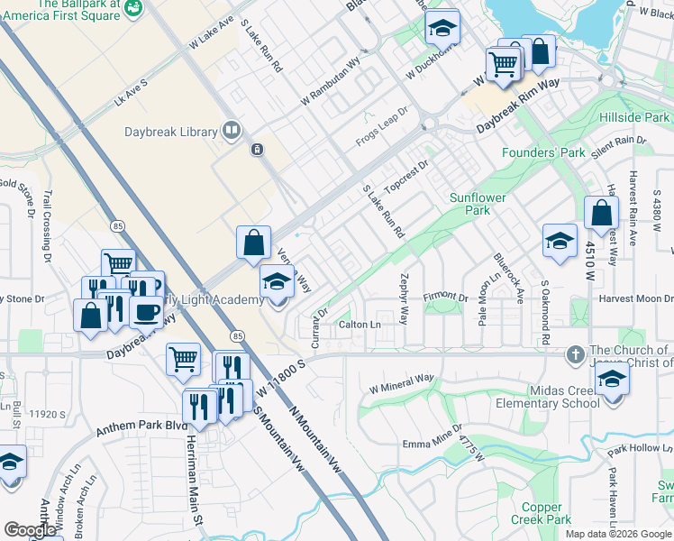 map of restaurants, bars, coffee shops, grocery stores, and more near 11628 Grandville Avenue in South Jordan