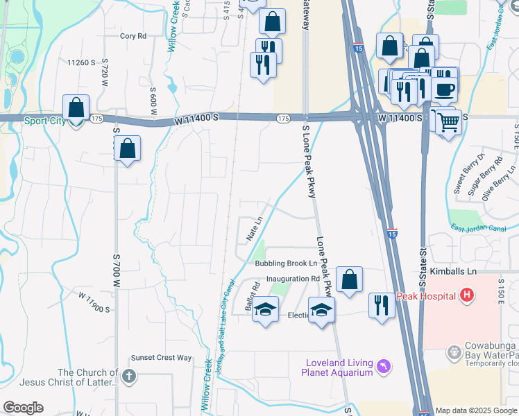 map of restaurants, bars, coffee shops, grocery stores, and more near 11637 South Sky Atlas Lane in Draper