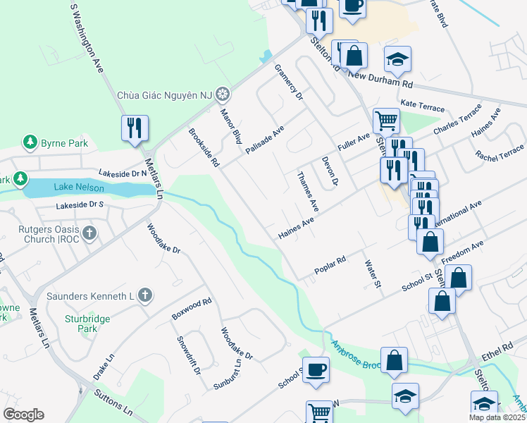 map of restaurants, bars, coffee shops, grocery stores, and more near 1247 Brookside Road in Piscataway Township