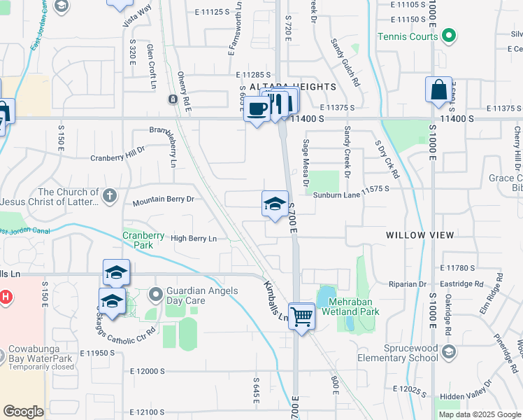 map of restaurants, bars, coffee shops, grocery stores, and more near 670 Wyngate Pointe Lane in Draper