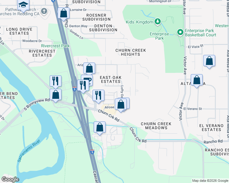 map of restaurants, bars, coffee shops, grocery stores, and more near 1271 Mighty Oak Lane in Redding