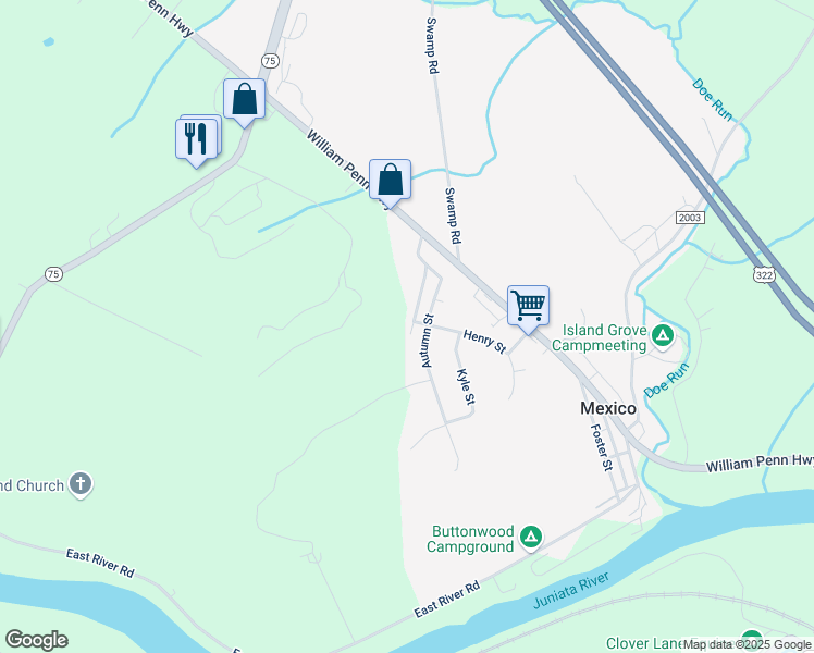 map of restaurants, bars, coffee shops, grocery stores, and more near 282 Mexico Heights Road in Mifflintown