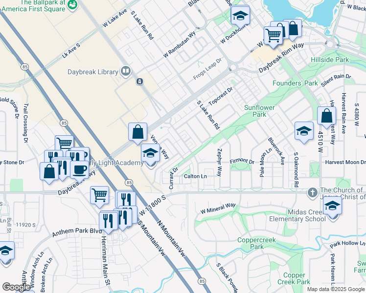 map of restaurants, bars, coffee shops, grocery stores, and more near 11628 Grandville Avenue in South Jordan