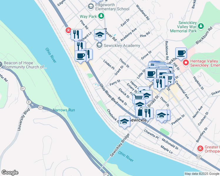 map of restaurants, bars, coffee shops, grocery stores, and more near 205 Bank Street in Sewickley