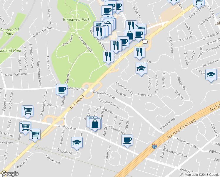 map of restaurants, bars, coffee shops, grocery stores, and more near 1 Yuro Drive in Edison