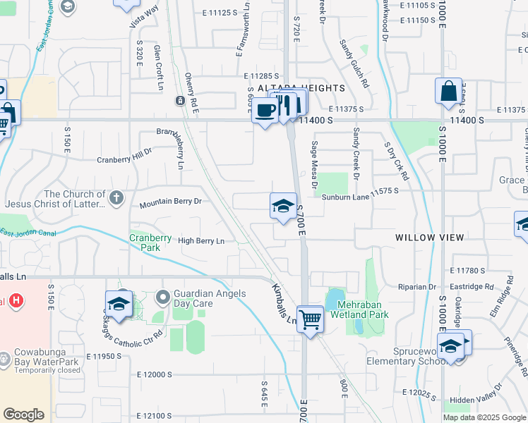 map of restaurants, bars, coffee shops, grocery stores, and more near 654 Wyngate Pointe Lane in Draper