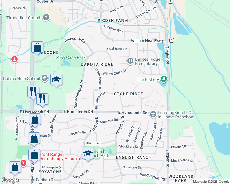 map of restaurants, bars, coffee shops, grocery stores, and more near 2701 Jewelstone Court in Fort Collins